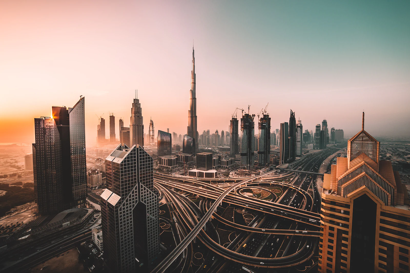 Dubai skyline with Burj Khalifa above Sheikh Zayed Road
